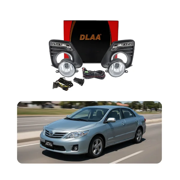 Installed view of DLAA TY472-LED Fog Lights on the front bumper of a 2011 Toyota Corolla Altis.