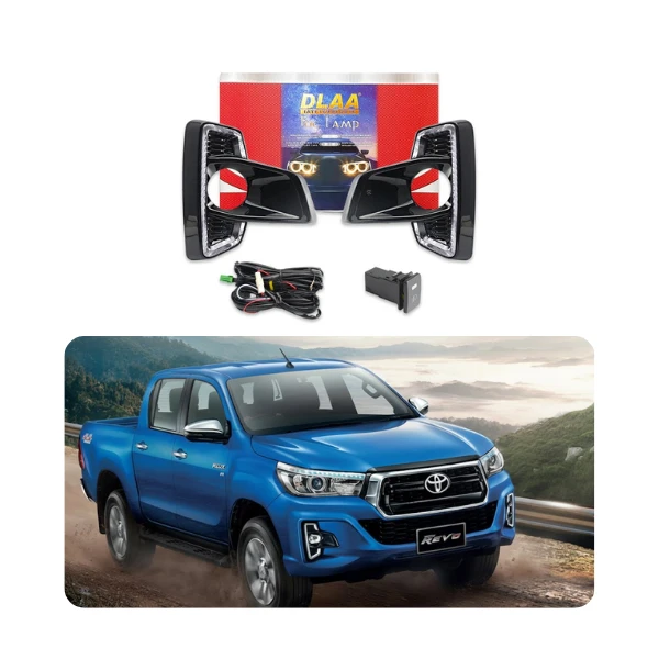 Installed DLAA TY879-L2LED on Hilux Revo showing Yellow Fog (1700K) and White DRL function