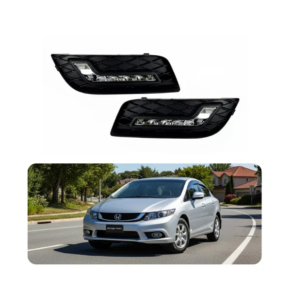 Installed view of DLAA HD-552-LED Fog Lights on the front bumper of a 9th Gen Honda Civic.