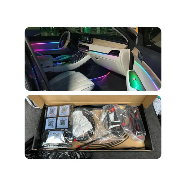 Dynamic 7-Color Custom Ambient Light showing vibrant lighting effects in a dark car interior.