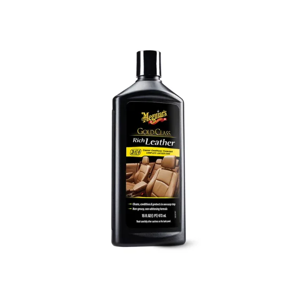 Non-greasy Meguiar's leather gel protecting car seats from UV damage and cracking.