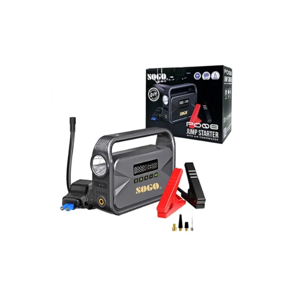 Sogo P008 4-in-1 car jump starter with 10,000mAh power bank and integrated air pump.