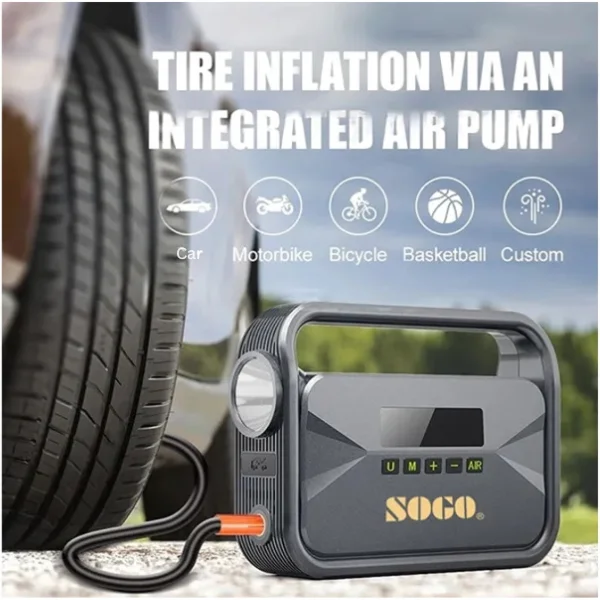 Sogo P008 digital tire inflator showing 5 modes for car, motorcycle, bicycle, and basketball.