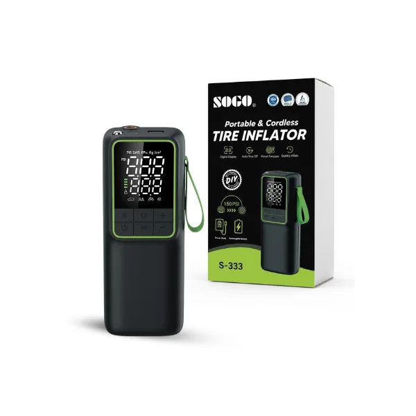 Sogo S-333 cordless tire inflator with 8.8 digital display and 150 PSI capacity.