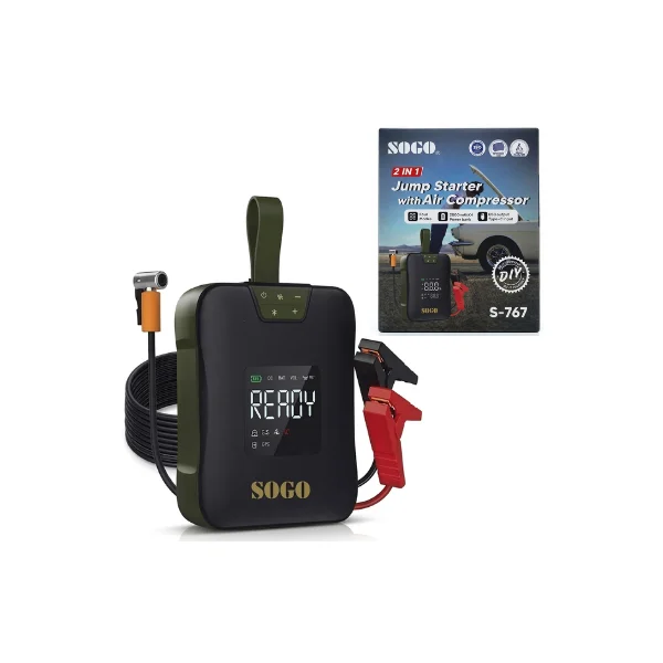 Original Sogo S-767 2-in-1 portable car jump starter and digital air compressor for emergencies.