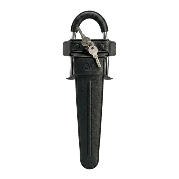 Leather steering wheel lock installed with key on car steering wheel
