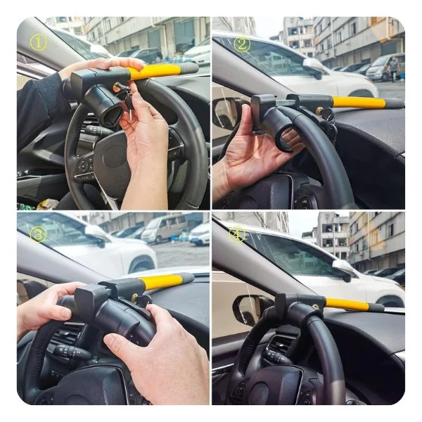 Steering wheel claw lock installed showing protective sponge padding